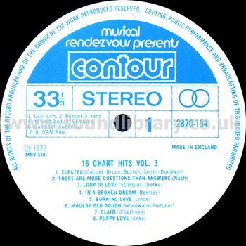 16 Chart Hits Vol. 3 UK Issue Stereo LP CONTOUR 2870194 Label Image