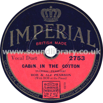 Bob & Alf Pearson Pagan Moon, Cabin In The Cotton UK Issue 10" 78rpm Imperial 2753 Label Image