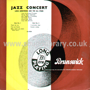 Louis Armstrong and The All Stars Jazz Concert UK 10" LP Brunswick LA 8534 Front Sleeve Image