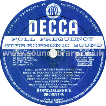 Mantovani and His Orchestra Songs To Remember UK Stereo LP Decca SKL 4086 Label Image Side 1