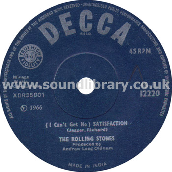 The Rolling Stones (I Can't Get No) Satisfaction India Issue 7" Decca 45-F.12220 Label Image Side 1